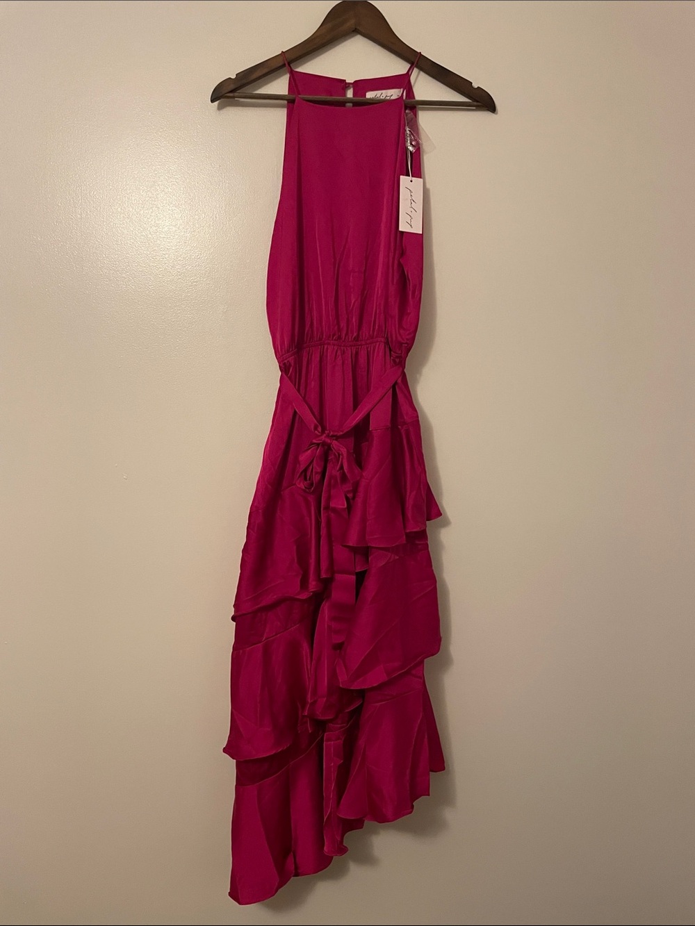Petal & Pup Seychelle Halter High-Low Satin Ruffle Maxi Dress
